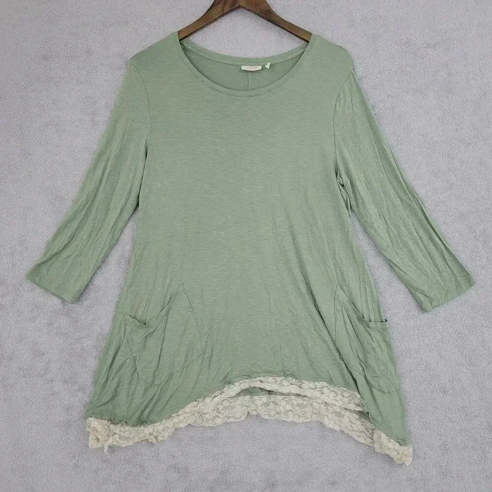 Logo Lori Goldstein Womens Green Tunic Top Lace Hem Medium Rayon/Spandex  7CT